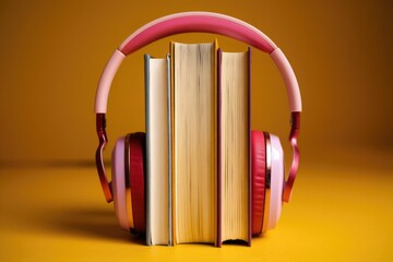 Poster - Books and headphones merge for audiobook experience.