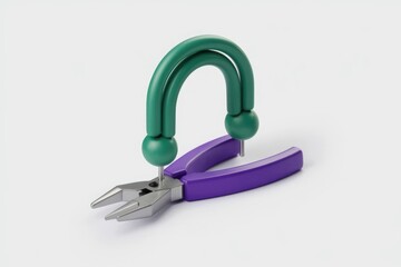 Fototapete - Green arch shaped object piercing purple pliers; a 3D render.
