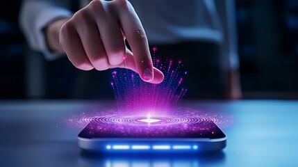 Wall Mural - mobile payment efficiency. a hand touches a smartphone, creating a vibrant display of purple and pin