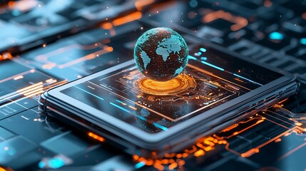 Wall Mural - mobile payment efficiency. a futuristic smartphone displays a glowing globe, symbolizing global conn
