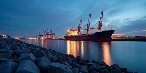 Freight ship navigating a harbor at dusk with cranes silhouetted against the twilight sky