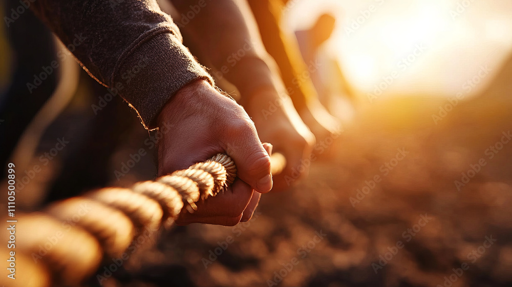 Hands gripping rope during tug of war competition at sunset, showcasing ...