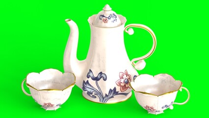 Wall Mural - traditional tea set with green background