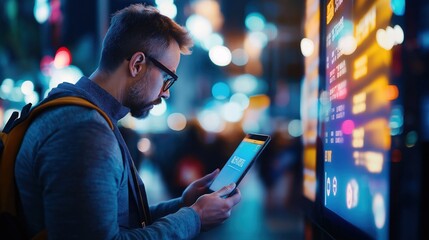 A man using a tablet in a brightly lit urban environment, surrounded by colorful lights and a digital display.