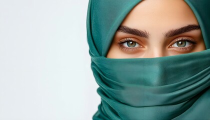 Wall Mural - Close-up of Eyes Partially Concealed by Teal Hijab