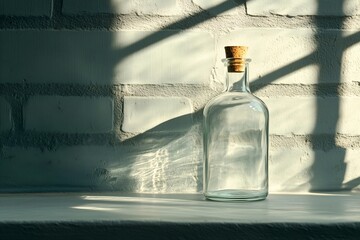 Wall Mural - Empty Glass Bottle on White Surface with Brick Wall Background