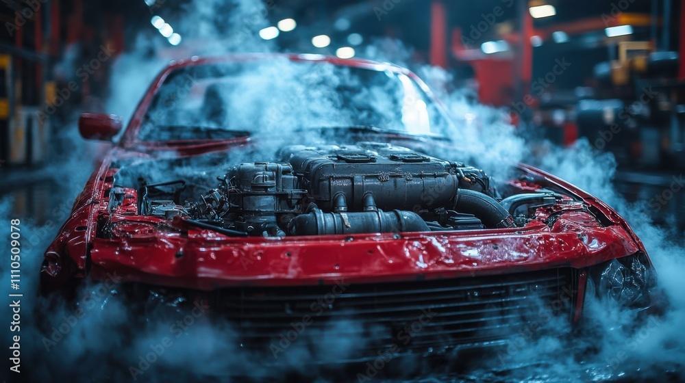 Vintage red car with open hood releasing dense smoke in dimly lit ...