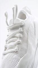 Close-up of white sneaker laces and mesh fabric.