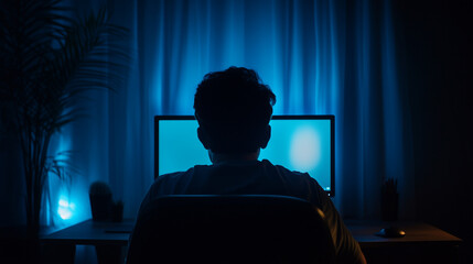 Silhouette of Person at Computer in Dark Room with Blue Lighting