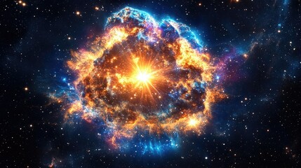 A stunning supernova explosion in a distant galaxy, emitting radiant colors of gold, orange, and blue amidst the dark cosmos, with countless stars scattered in the background