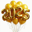 © Nirmal - new year party flyer with gold numbers, clock and confetti. 2025 new year,Happy New 2025 Year. Hanging White numbers 2025 with shining snowflake