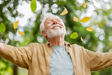 Wall Mural - A man is smiling and throwing leaves in the air