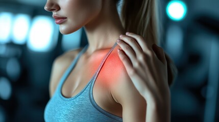 Fit woman touching shoulder pain spot, gym background, injury prevention, fitness discomfort, health care, highlighted soreness, muscle strain, sports recovery, body awareness, active lifestyle