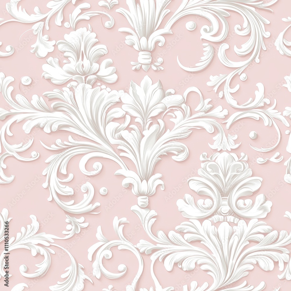 luxurious pastel pink wallpaper design, classical white scrollwork ...