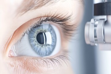 a close-up of a bright blue eye undergoing an ophthalmological examination using professional medica