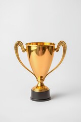 A shiny gold trophy with ornate handles, symbolizing victory and achievement, stands on a neutral background.