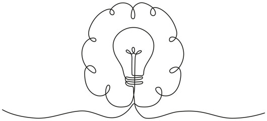 Wall Mural - light bulb inside human brain continuous line art drawing. wisdom concept. creative idea and insight