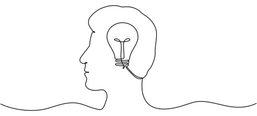 Wall Mural - continuous line art drawn man head with light bulb. create idea concept. vector illustration isolate