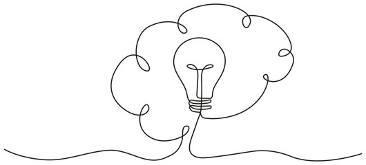 Wall Mural - light bulb inside human brain continuous line art drawing. wisdom concept. creative idea and insight