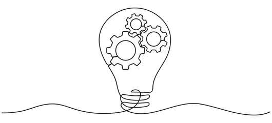 Wall Mural - lightbulb with cogwheel inside continuous line art drawing. creative idea process. innovation symbol