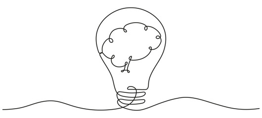 Wall Mural - human brain inside light bulb continuous line art drawing. wisdom concept. creative idea and insight