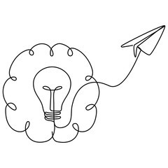 Wall Mural - brain with light bulb inside and flying paper plane. creative business idea startup concept. vector 
