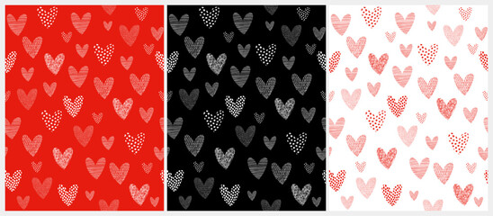 Wall Mural - cute irregular vector pattern with hand drawn hearts on a red, black and white background. funny inf