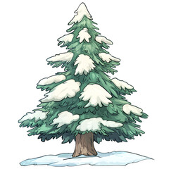Poster - Snow-covered green pine tree cartoon illustration standing on a snowy patch, isolated on a transparent background