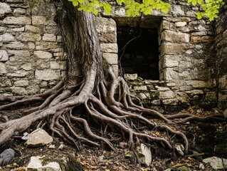 Human vs Nature Concept.  A majestic tree with sprawling roots entwines with a rustic stone wall, showcasing nature's resilience against human-made structures.