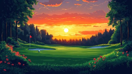 Wall Mural - Serene Golf Course Landscape at Sunset With Vivid Colors and Breathtaking Sky, Perfect for Nature Lovers and Sports Enthusiasts Seeking Relaxation and Inspiration