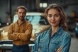 © YouraPechkin - Couple posing confidently in a vintage car garage during a sunny afternoon