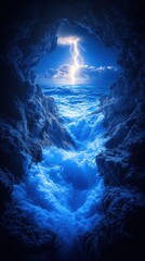 Wall Mural - Dramatic Ocean View Through Cave With Lightning Strike Illuminating Waves and Turbulent Water in a Mystical Blue Atmosphere
