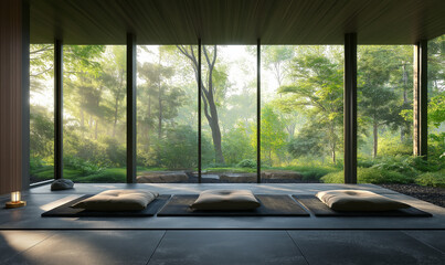 Wall Mural - 3d rendering, A tranquil Zen garden with black stone tile floors, large glass windows showcasing the lush greenery of an autumn forest outside