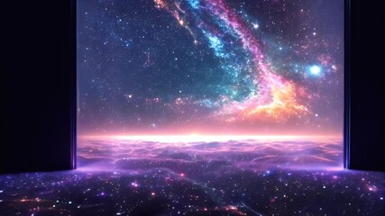 Wall Mural - a glowing neon doorway emerges in darkness, revealing an endless cosmic landscape of stars and vibra