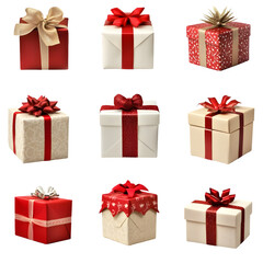 Aufkleber - Nine colorful christmas gift boxes with red and gold ribbons, isolated on transparent background, perfect for festive designs