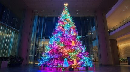 Wall Mural - A colorful Christmas tree with multi-colored lights and ornaments shaped like reindeer, snowmen, and stars.