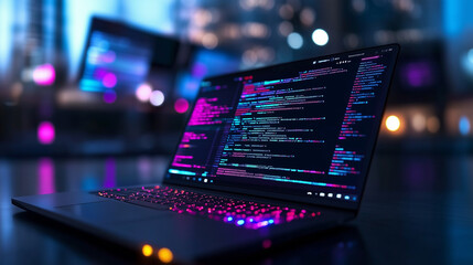 A high-contrast image of a laptop displaying vibrant code, with glowing keyboards and dimly lit monitors in the background