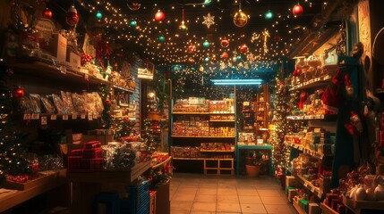 Wall Mural - A cozy store with Christmas lights strung across the shelves and hanging from the ceiling, providing a warm and inviting atmosphere