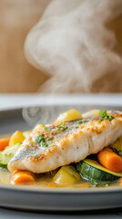 Wall Mural - Steaming hot sea bass fillet with potatoes, carrots, and zucchini