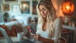 © frank29052515 - A Young Woman with Long Blonde Hair Engaging with Her Smartphone While Sitting at a Cozy Home Workspace with a Laptop and a Cup of Coffee