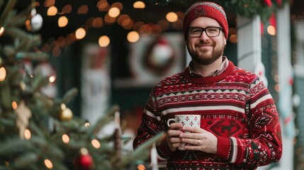  A man wearing a cozy red sweater with Christmas patterns, standing next to a decorated tree and holding a mug of hot cocoa