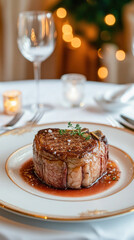 Wall Mural - Delicious chateaubriand steak served on elegant plate with red wine sauce and christmas lights in background