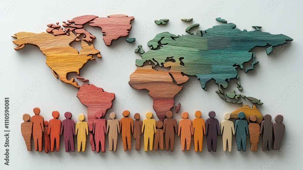 vibrant world map shaped by a diverse crowd of people standing together ...