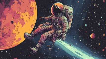 watercolor drawing. background with picture of person. colorful picture. a man in space in a spacesu