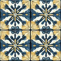 Sticker - Exquisite Blue and Gold Floral Tile Pattern seamless, pattern, background, texture