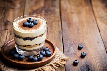 Wall Mural - Close-up of a tiramisu dessert in a glass with blueberries on a wooden table with copy space.