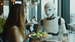 © Frank Gärtner - Humanoid robot waiter serving a fresh salad to a woman in a modern restaurant, showcasing the future of automated dining