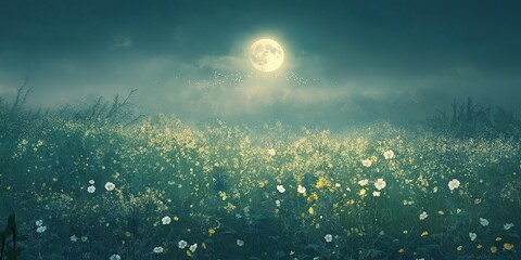 Wall Mural - Field of flowers with a full moon in the sky