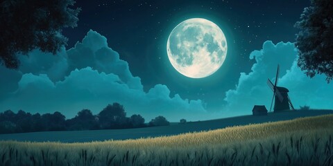 Wall Mural - Large moon is shining brightly in the sky above a field of grass