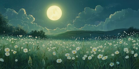 Wall Mural - Field of white flowers with a full moon in the sky